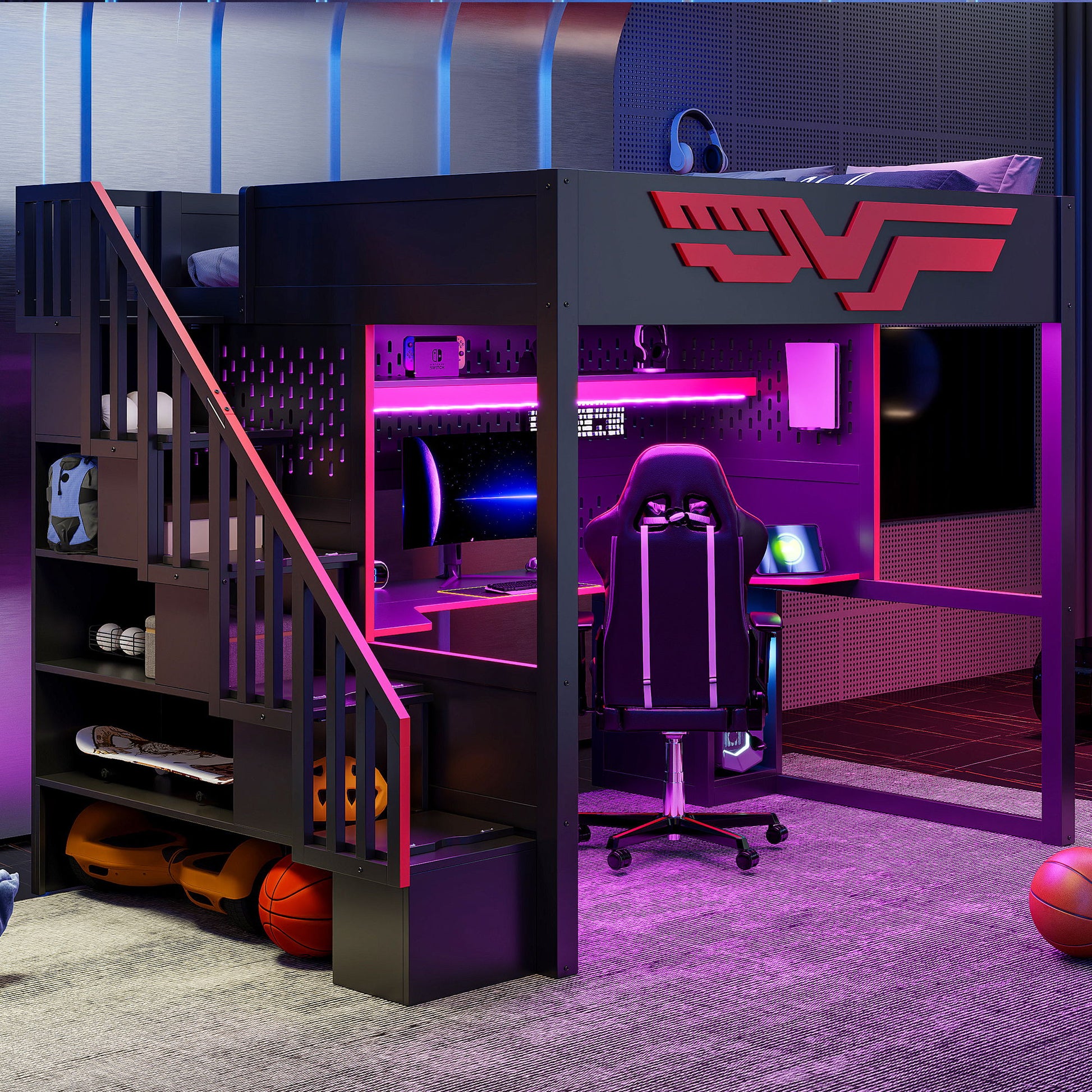 Full Gaming Loft Bed With Desk And Storage Staircase, LED Lights And USB - Red / Black - The Sleep Loft - Online Mattress Showroom NYC