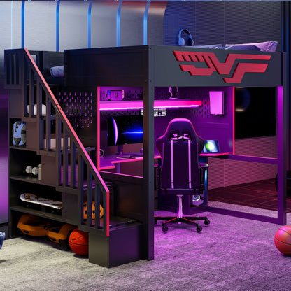 Full Gaming Loft Bed With Desk And Storage Staircase, LED Lights And USB - Red / Black - The Sleep Loft - Online Mattress Showroom NYC