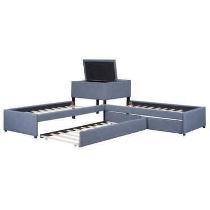 L Shaped Upholstered Platform Bed With Trundle And 2 Drawers Linked With Built In Desk - The Sleep Loft - Online Mattress Showroom NYC