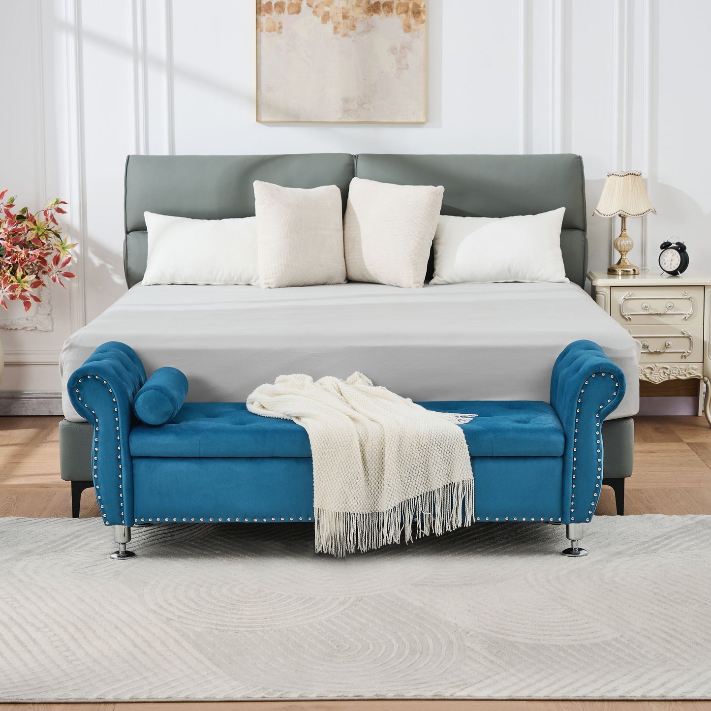 Storage Bench With Crystal Buttons And 1 Pillow For Bedroom - The Sleep Loft - Online Mattress Showroom NYC