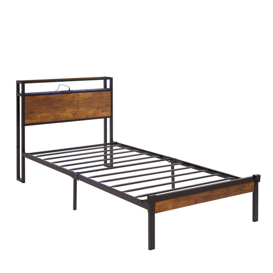 Twin Size Platform Bed Frame, LED Lights With Remote Control, USB Charging Port, Large Under Bed Storage - Black / Brown - The Sleep Loft - Online Mattress Showroom NYC