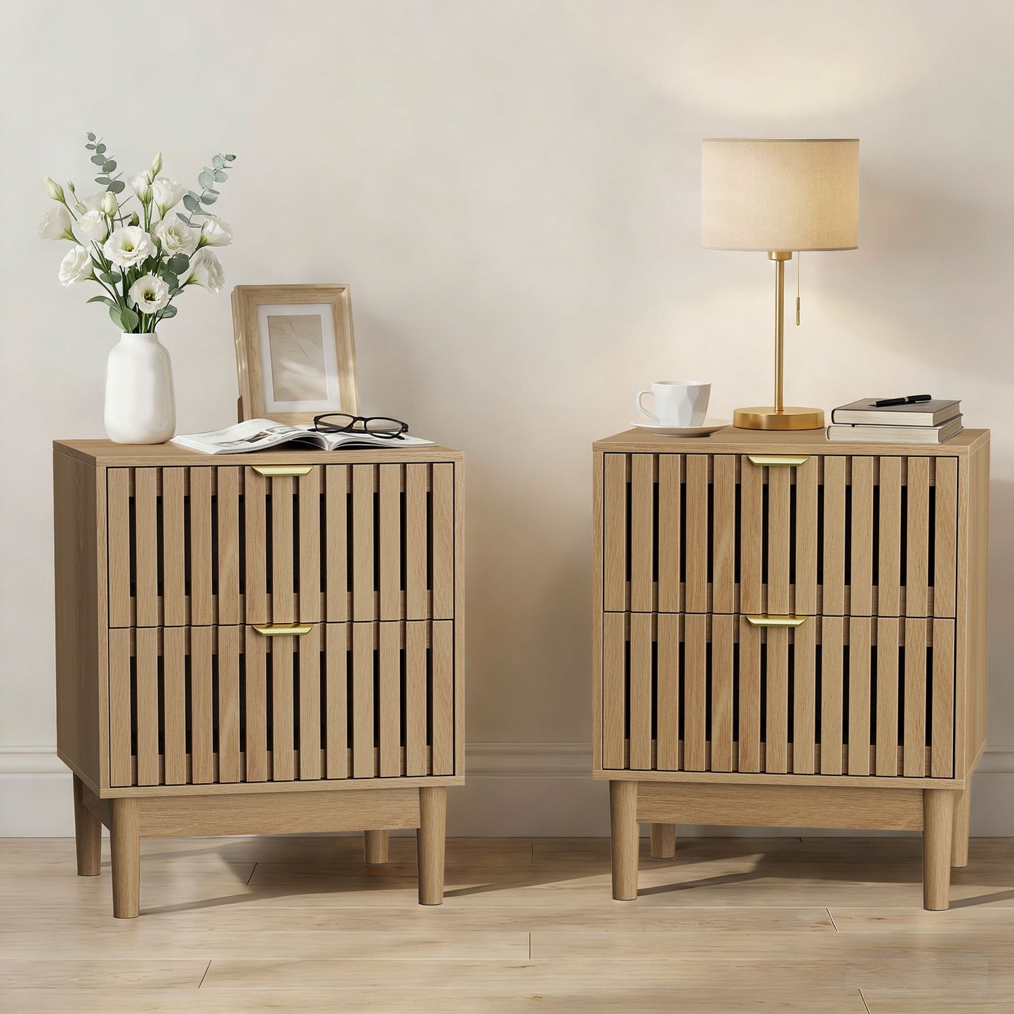 Bedside Table With Grille Design And 2 Drawers, Side Table For Bedroom - Oak - The Sleep Loft - Online Mattress Showroom NYC