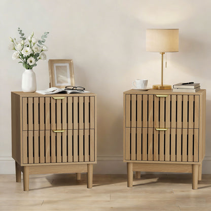 Bedside Table With Grille Design And 2 Drawers, Side Table For Bedroom - Oak - The Sleep Loft - Online Mattress Showroom NYC