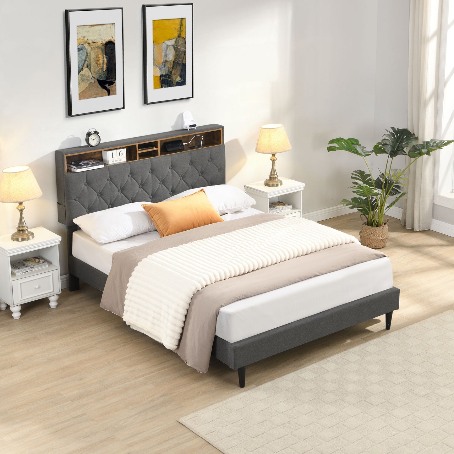 Modern Upholstered Platform Bed Frame With Button Tufted Headboard And USB Ports - The Sleep Loft - Online Mattress Showroom NYC