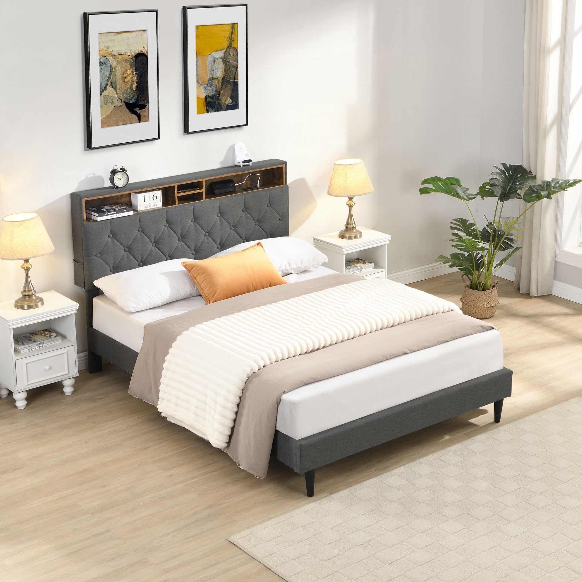 Modern Upholstered Platform Bed Frame With Button Tufted Headboard And USB Ports - The Sleep Loft - Online Mattress Showroom NYC