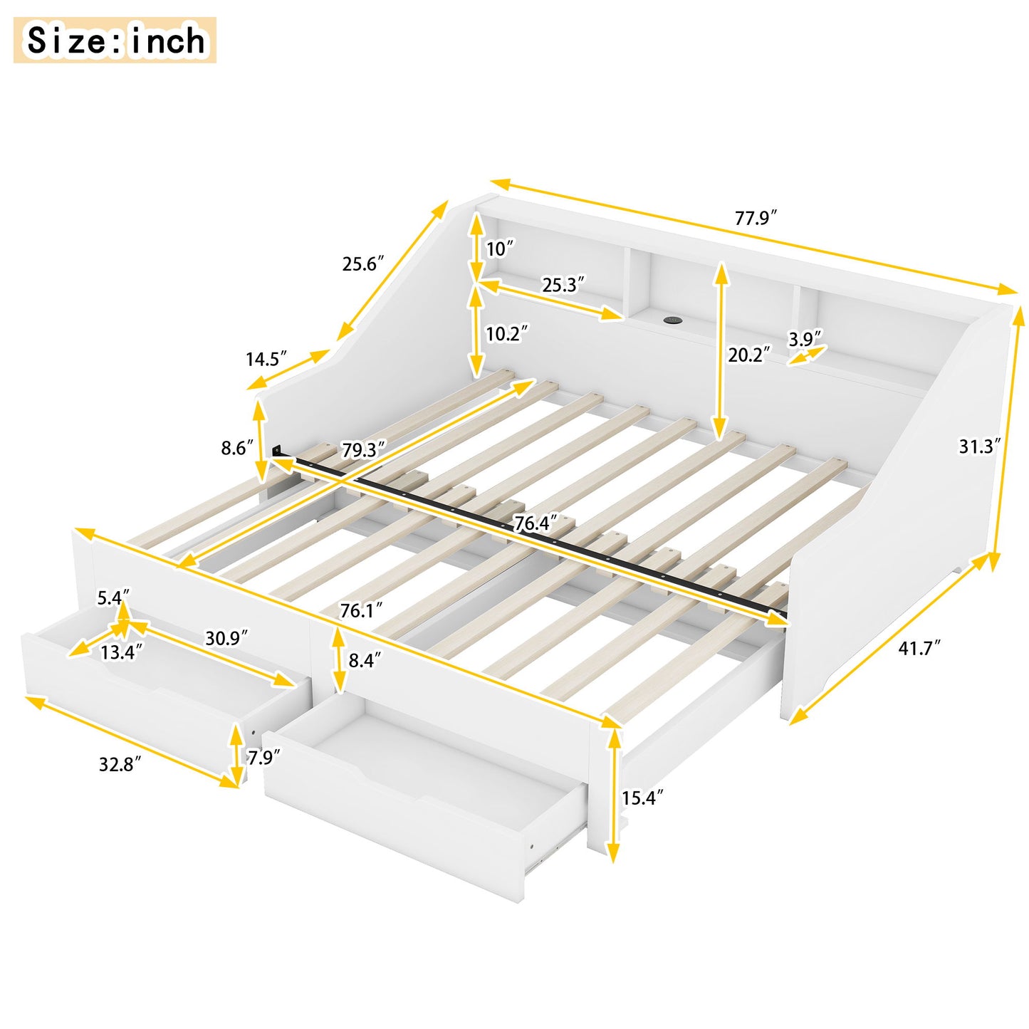 Daybed Frame With Storage Bookcases, 2 Drawers, Charging Station - The Sleep Loft - Online Mattress Showroom NYC