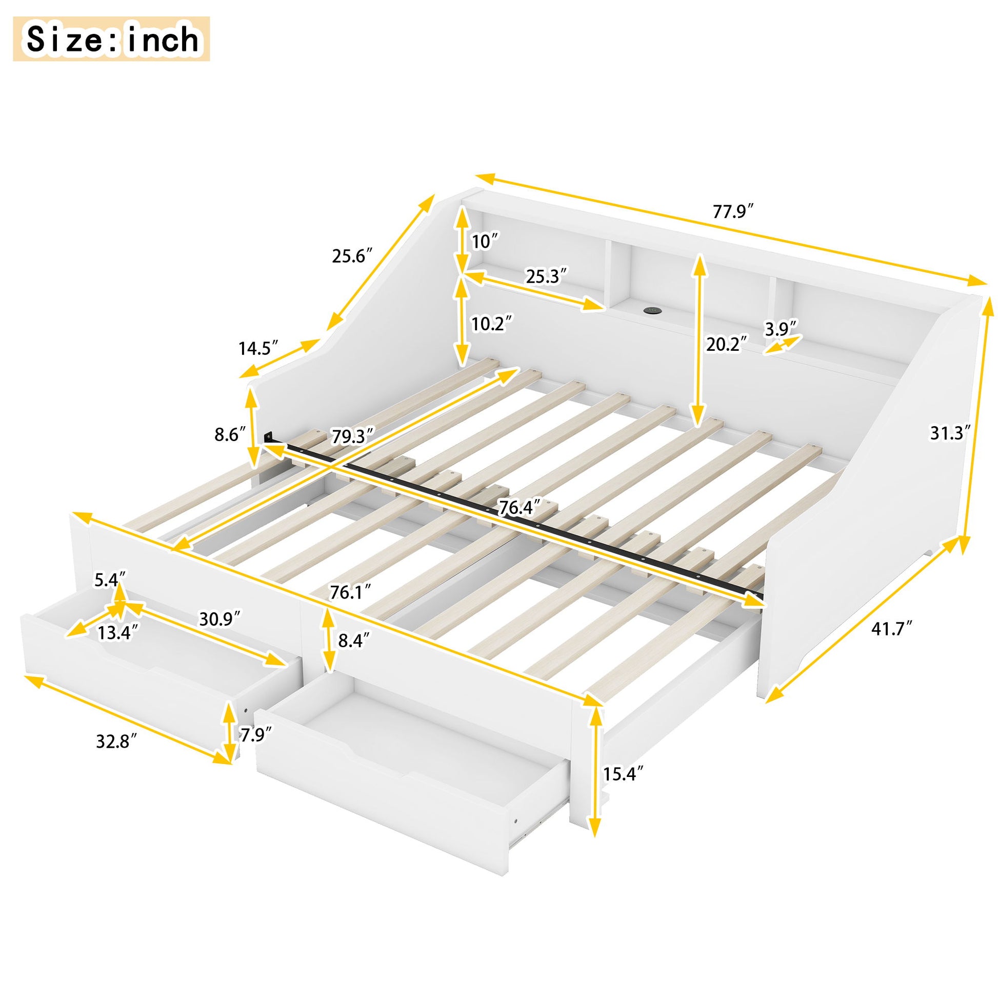 Daybed Frame With Storage Bookcases, 2 Drawers, Charging Station - The Sleep Loft - Online Mattress Showroom NYC