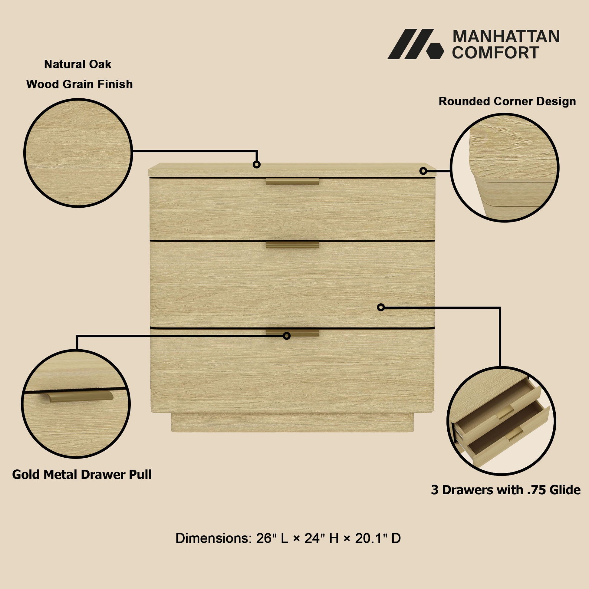 Payton - Nightstand With 3 Drawers - Oak - The Sleep Loft - Online Mattress Showroom NYC