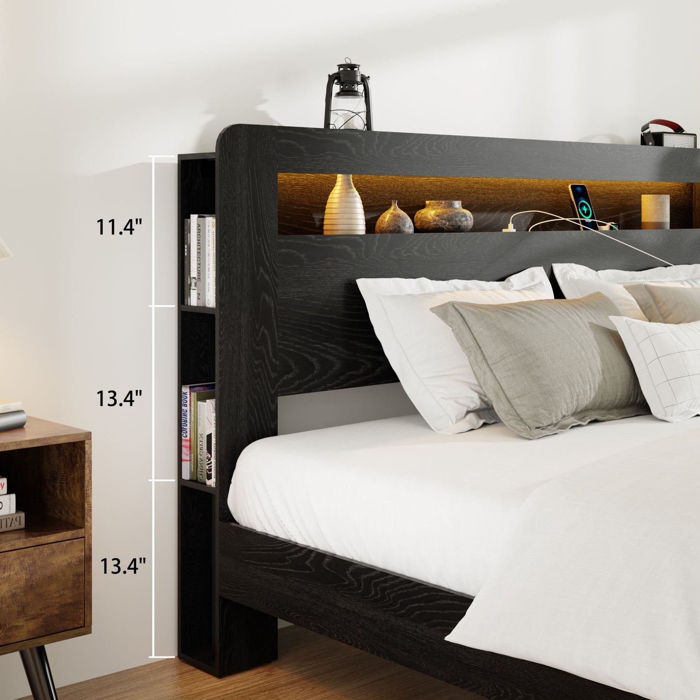Wood Platform Bed Frame With Storage LED Light Headboard & USB - The Sleep Loft - Online Mattress Showroom NYC