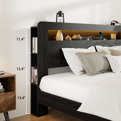 Wood Platform Bed Frame With Storage LED Light Headboard & USB - The Sleep Loft - Online Mattress Showroom NYC