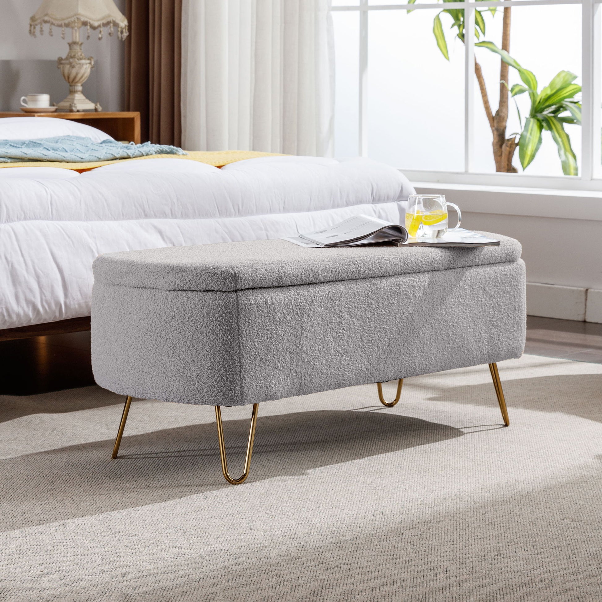 Storage Ottoman Bench For End Of Bed Legs, Modern Camel Faux Fur Entryway Bench Upholstered Padded With Storage For Living Room Bedroom - The Sleep Loft - Online Mattress Showroom NYC