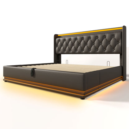 Upholstered Bed, 360 Surround LED Function, Remote Control, Hydraulic Storage Bed With USB, Type-C Charging (Without Mattress) - The Sleep Loft - Online Mattress Showroom NYC