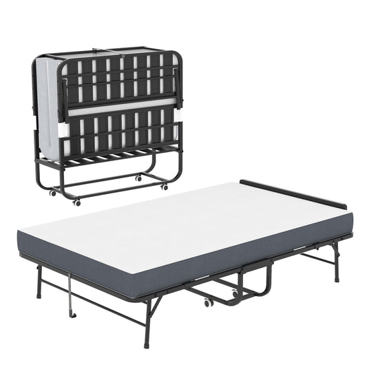 Twin Wide Folding Bed With Adjustable Headboard, Extra Long Rollaway For Tall People, Memory Foam Mattress - Black
