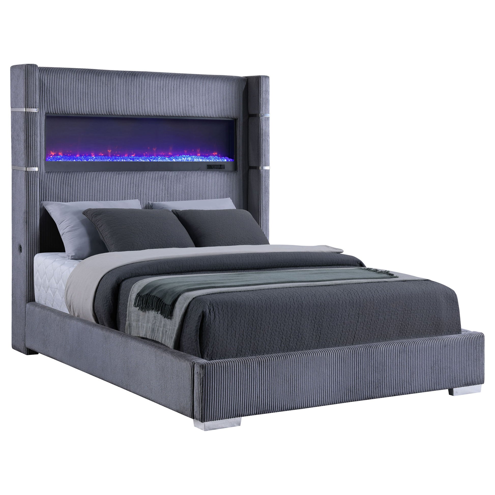 Haven - Upholstered Queen Bed With Integrated Flame Box - Gray - The Sleep Loft - Online Mattress Showroom NYC