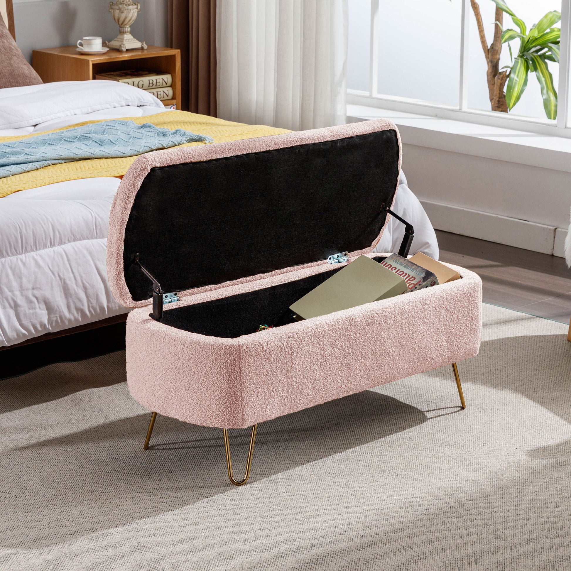 Storage Ottoman Bench For End Of Bed Legs, Modern Camel Faux Fur Entryway Bench Upholstered Padded With Storage For Living Room Bedroom - The Sleep Loft - Online Mattress Showroom NYC