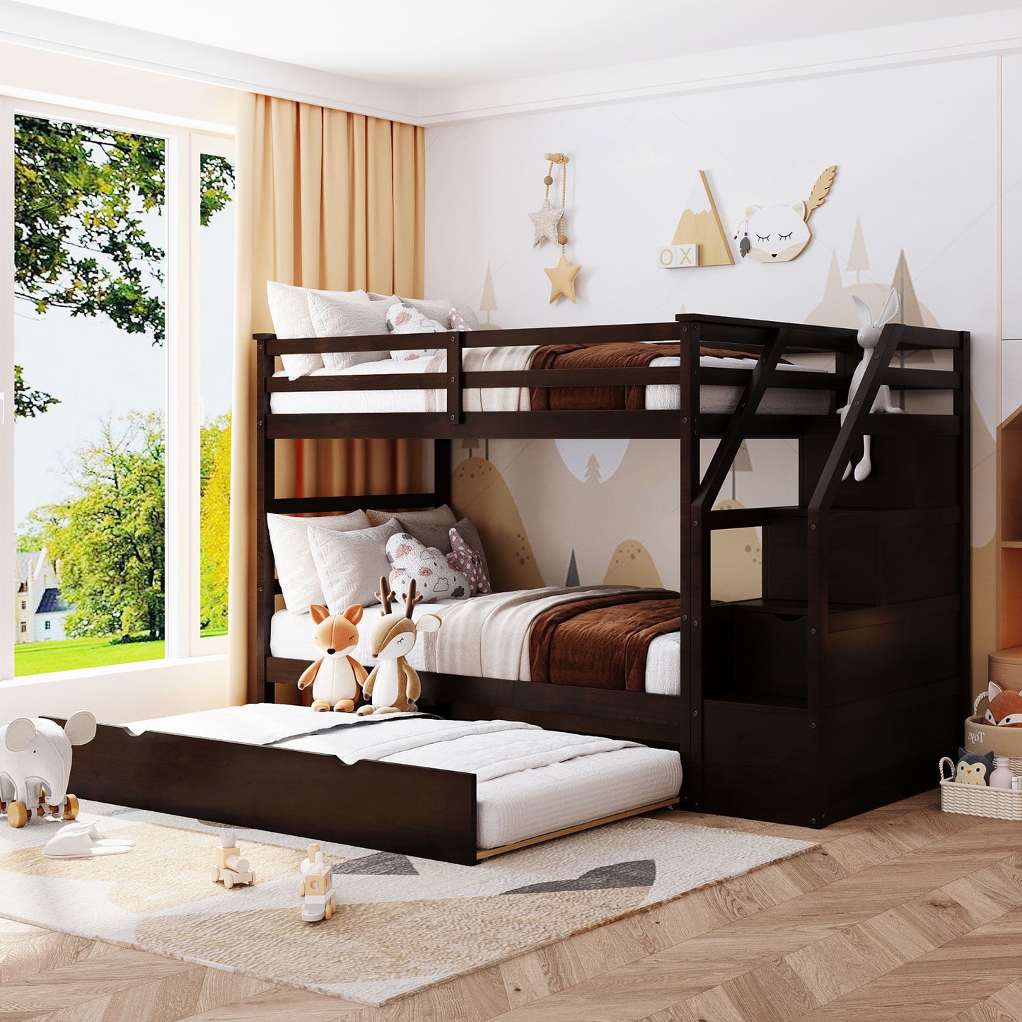 Twin Over Twin Bunk Bed With Twin Size Trundle And 3 Storage Stairs - Espresso - The Sleep Loft - Online Mattress Showroom NYC