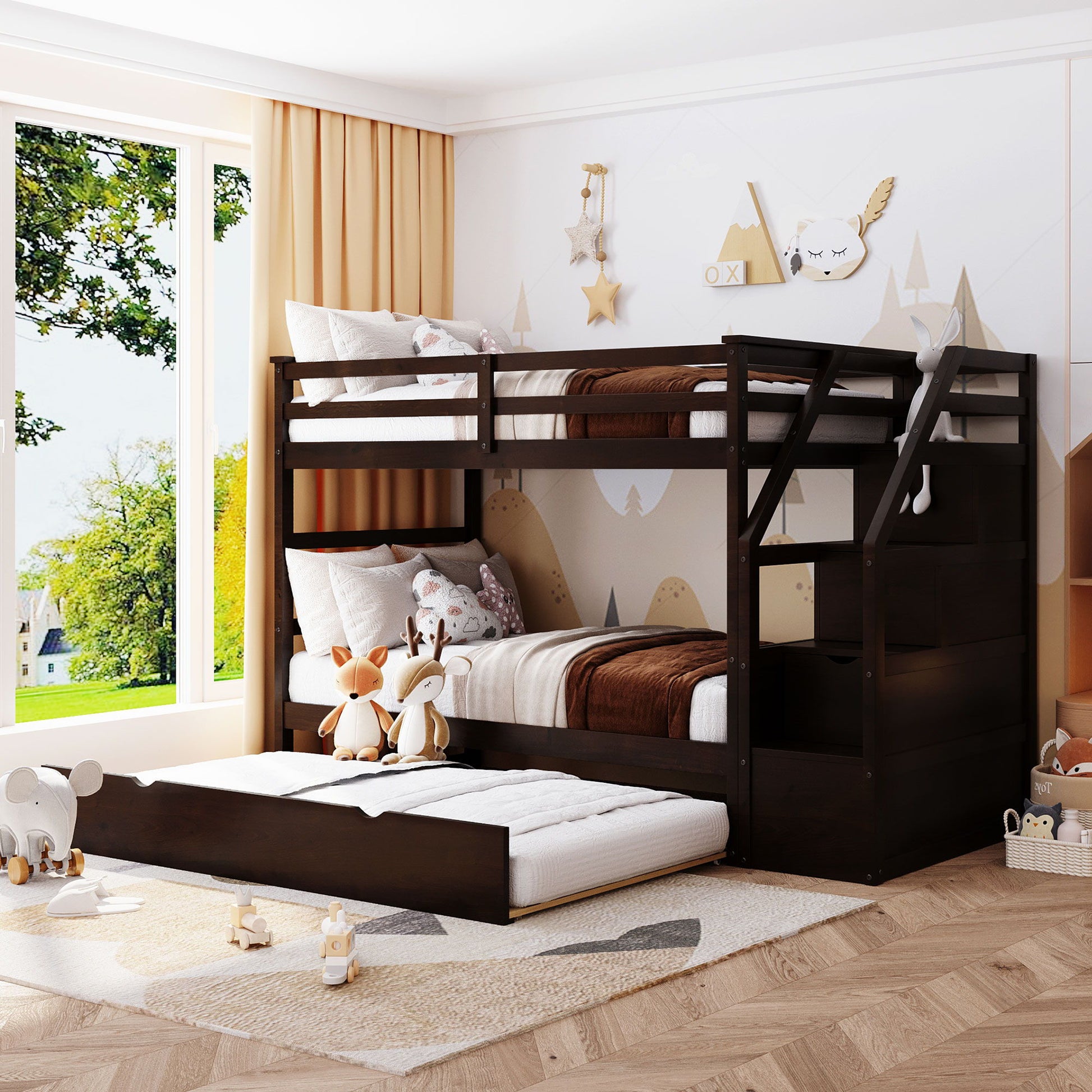 Twin Over Twin Bunk Bed With Twin Size Trundle And 3 Storage Stairs - Espresso - The Sleep Loft - Online Mattress Showroom NYC