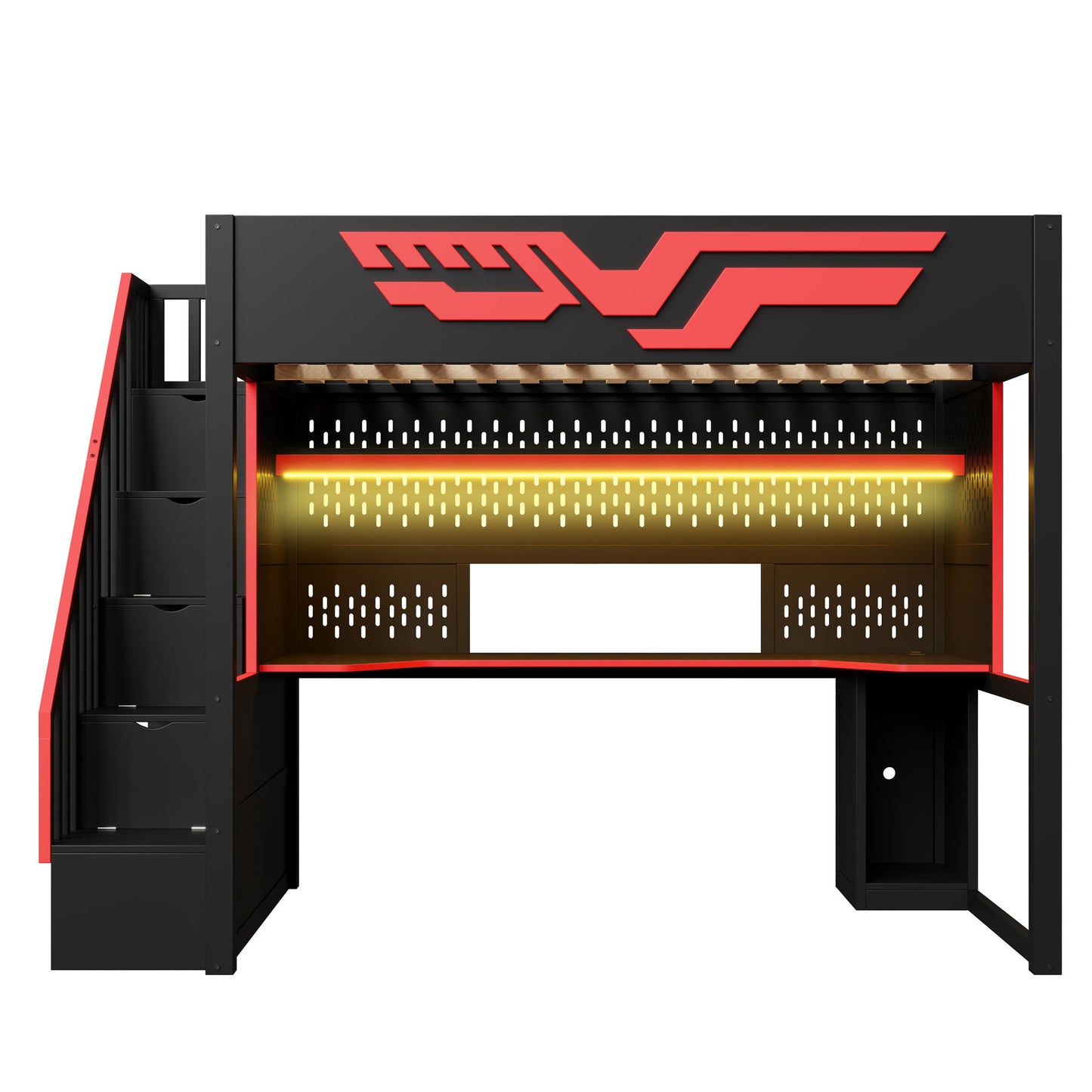 Full Gaming Loft Bed With Desk And Storage Staircase, LED Lights And USB - Red / Black - The Sleep Loft - Online Mattress Showroom NYC