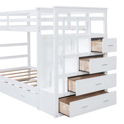 Twin Over Twin Bunk Bed With Trundle And Staircase - White - The Sleep Loft - Online Mattress Showroom NYC