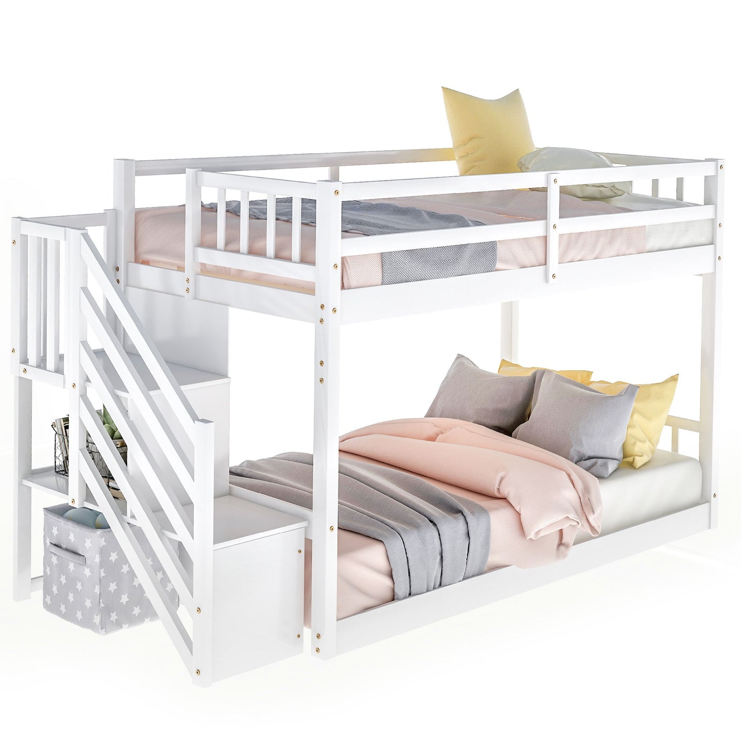 Twin Over Twin Floor Bunk Bed, Ladder With Storage - The Sleep Loft - Online Mattress Showroom NYC