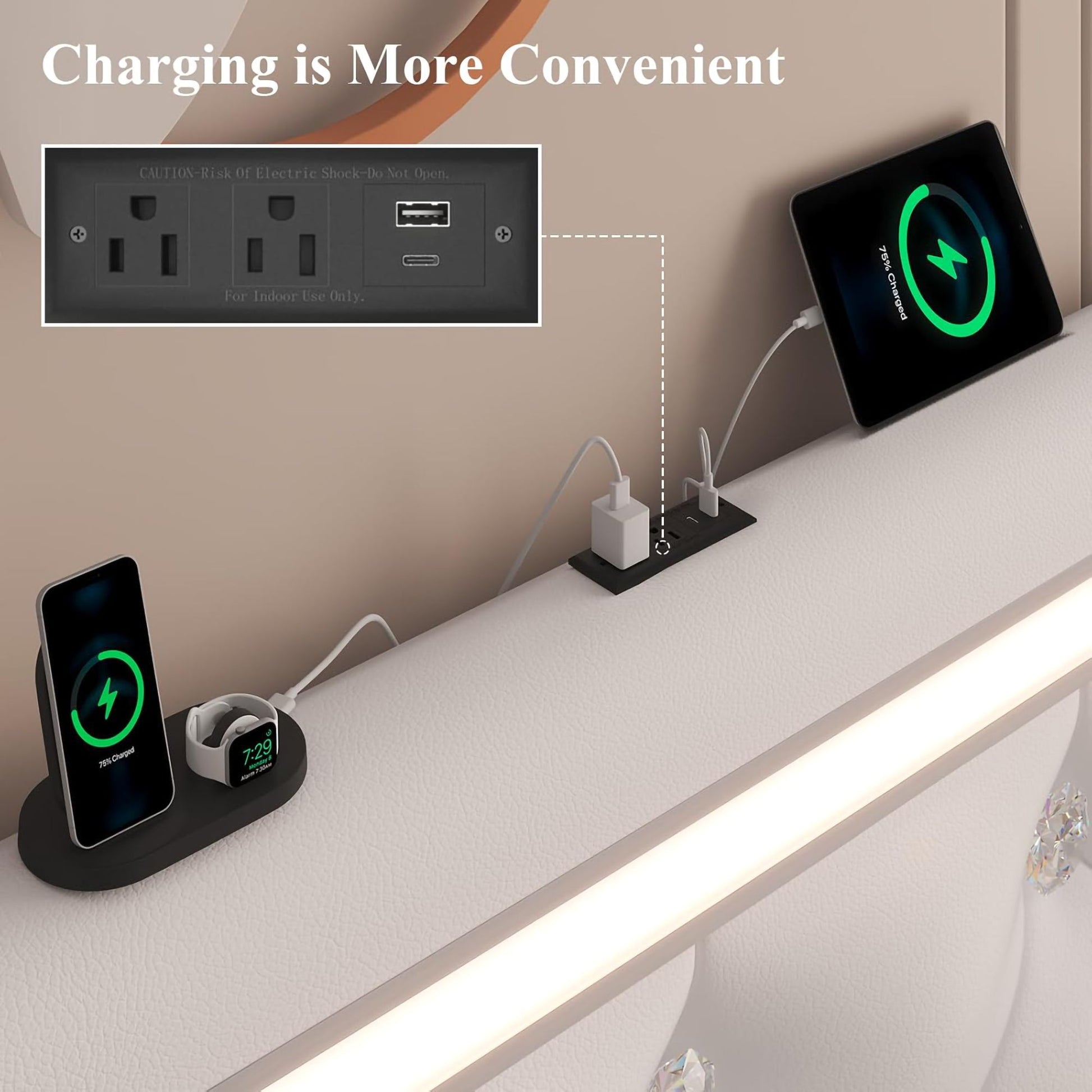Wingback Upholstered Bed Frame With LED Lights, Charging Station - The Sleep Loft - Online Mattress Showroom NYC