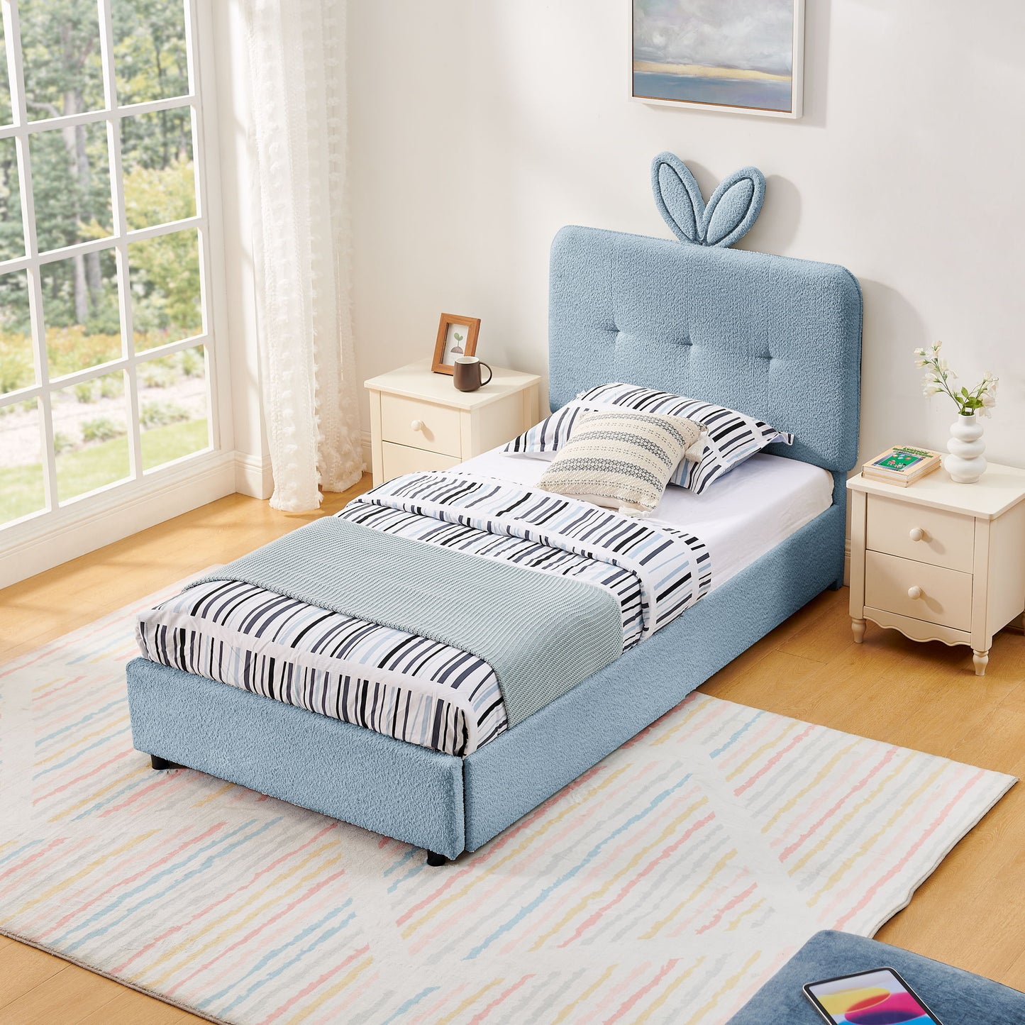 Upholstered Bed With Oversized Rabbit Ear Headboard, LED Lights & 4 Storage Drawers - The Sleep Loft - Online Mattress Showroom NYC