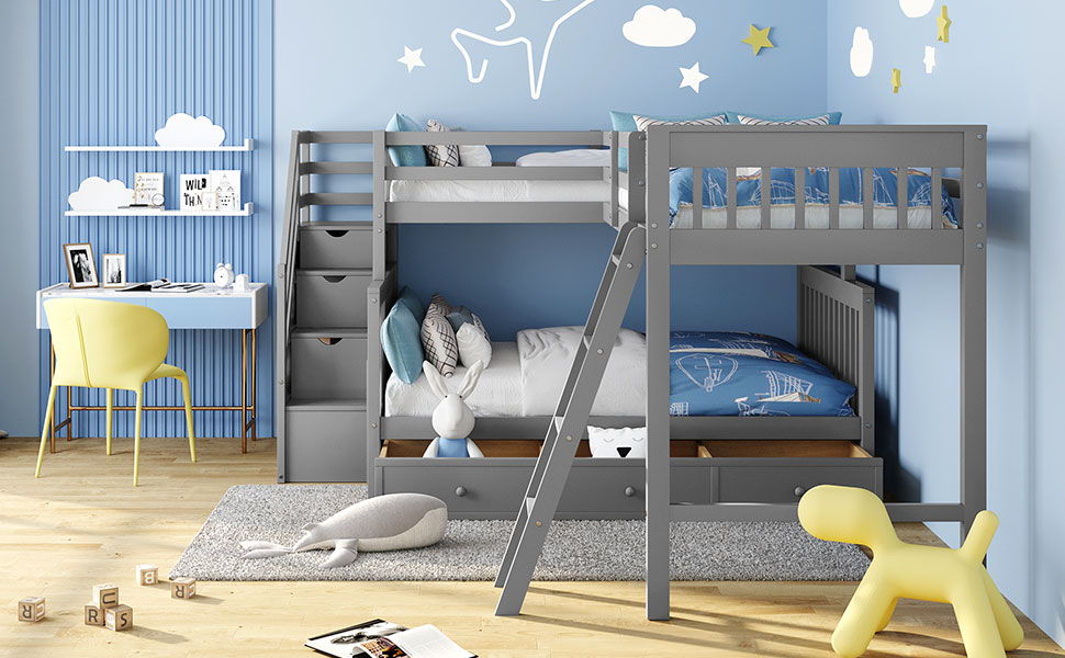 Solid L Shaped Bunk Bed With 3 Drawers, Ladder And Staircase - The Sleep Loft - Online Mattress Showroom NYC