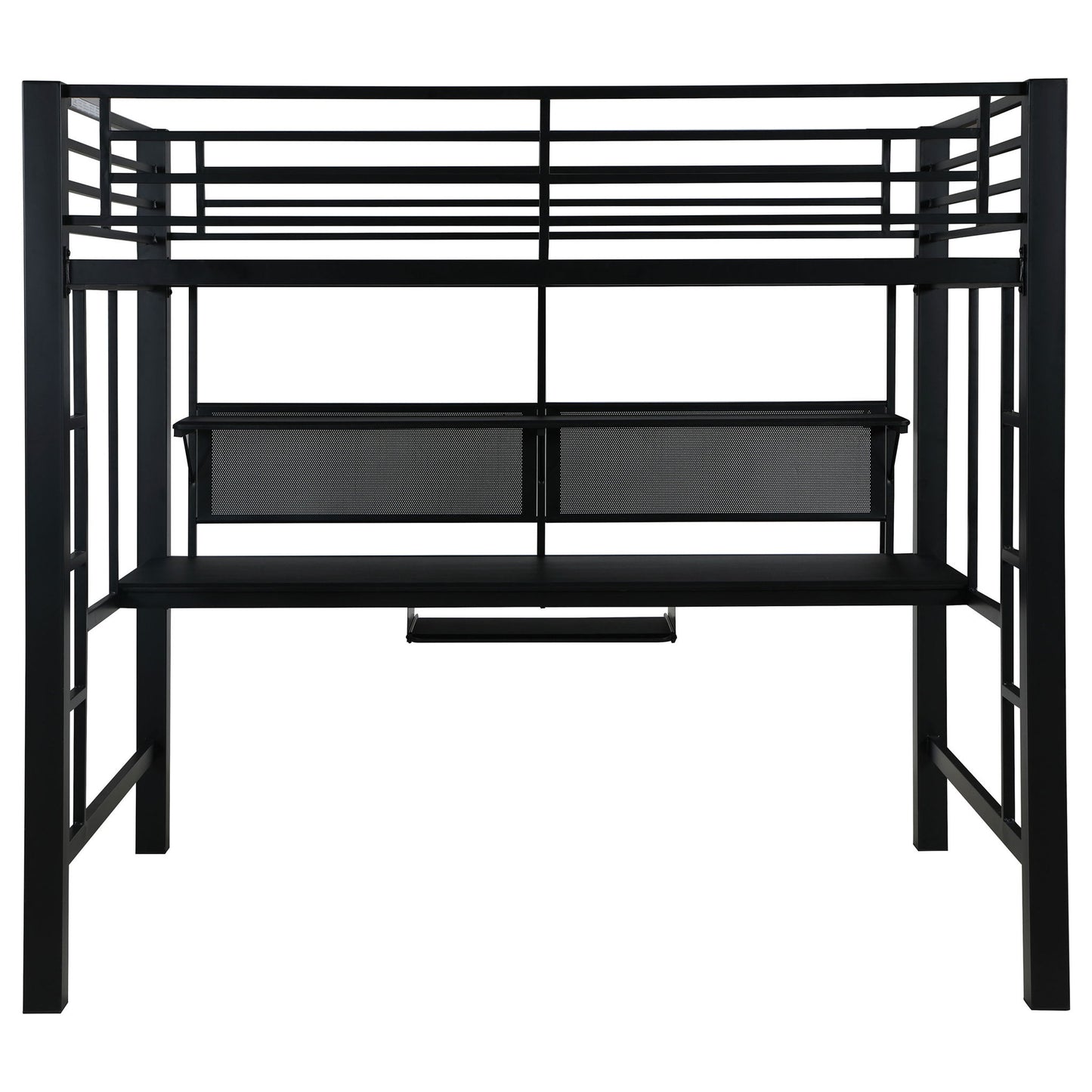 Ranier - Full Workstation Loft Bed, Full Length Desk, Safety Rails And Storage Shelves - Black - The Sleep Loft - Online Mattress Showroom NYC