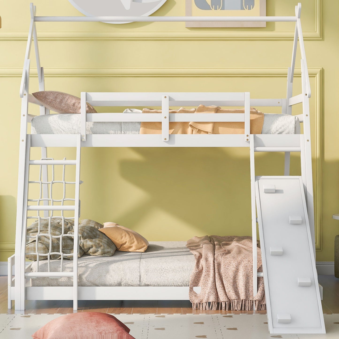 Twin Over Queen House Bunk Bed With Climbing Nets And Climbing Ramp - The Sleep Loft - Online Mattress Showroom NYC