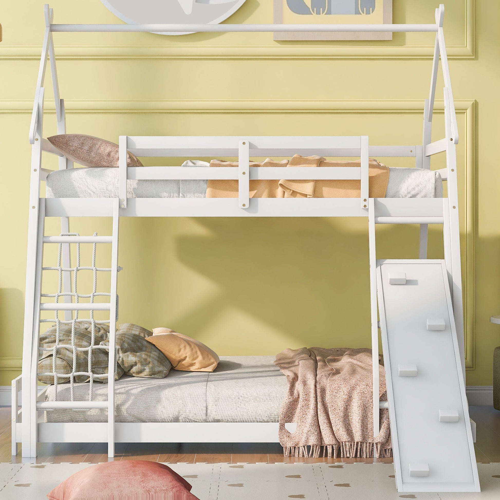 Twin Over Queen House Bunk Bed With Climbing Nets And Climbing Ramp - The Sleep Loft - Online Mattress Showroom NYC