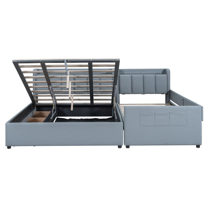 Upholstered Mother & Child Bed With Hydraulic Storage System, Drawer Box, Bedhead Storage Shelf And 2 Pairs Of Sockets & USB Ports - The Sleep Loft - Online Mattress Showroom NYC