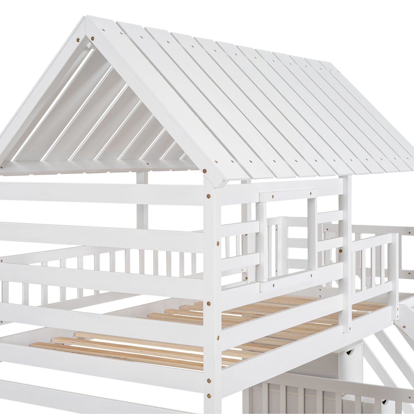 House Bunk Bed With Trundle, Storage Staircase, Roof And Window Design - The Sleep Loft - Online Mattress Showroom NYC