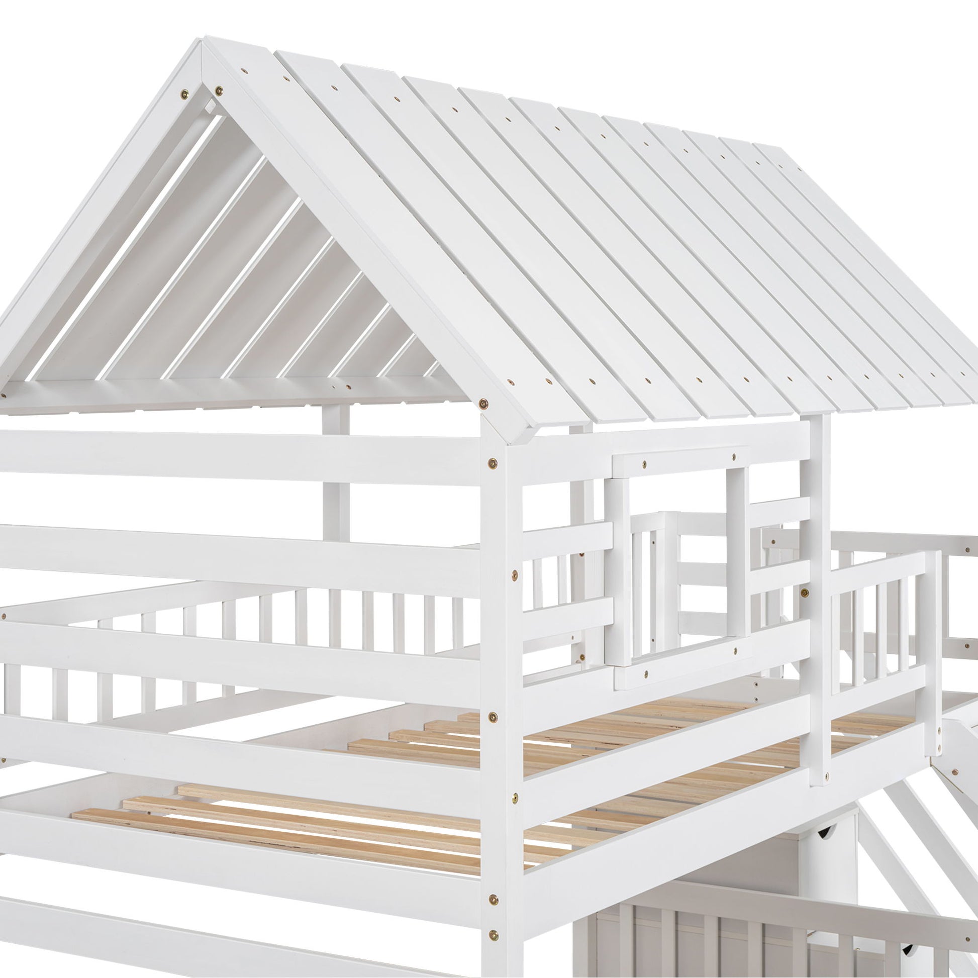 House Bunk Bed With Trundle, Storage Staircase, Roof And Window Design - The Sleep Loft - Online Mattress Showroom NYC
