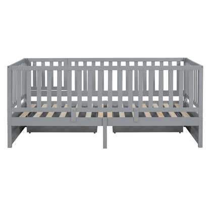 Daybed With Fence Guardrails And 2 Drawers, Split Into Independent Floor Bed & Daybed - The Sleep Loft - Online Mattress Showroom NYC
