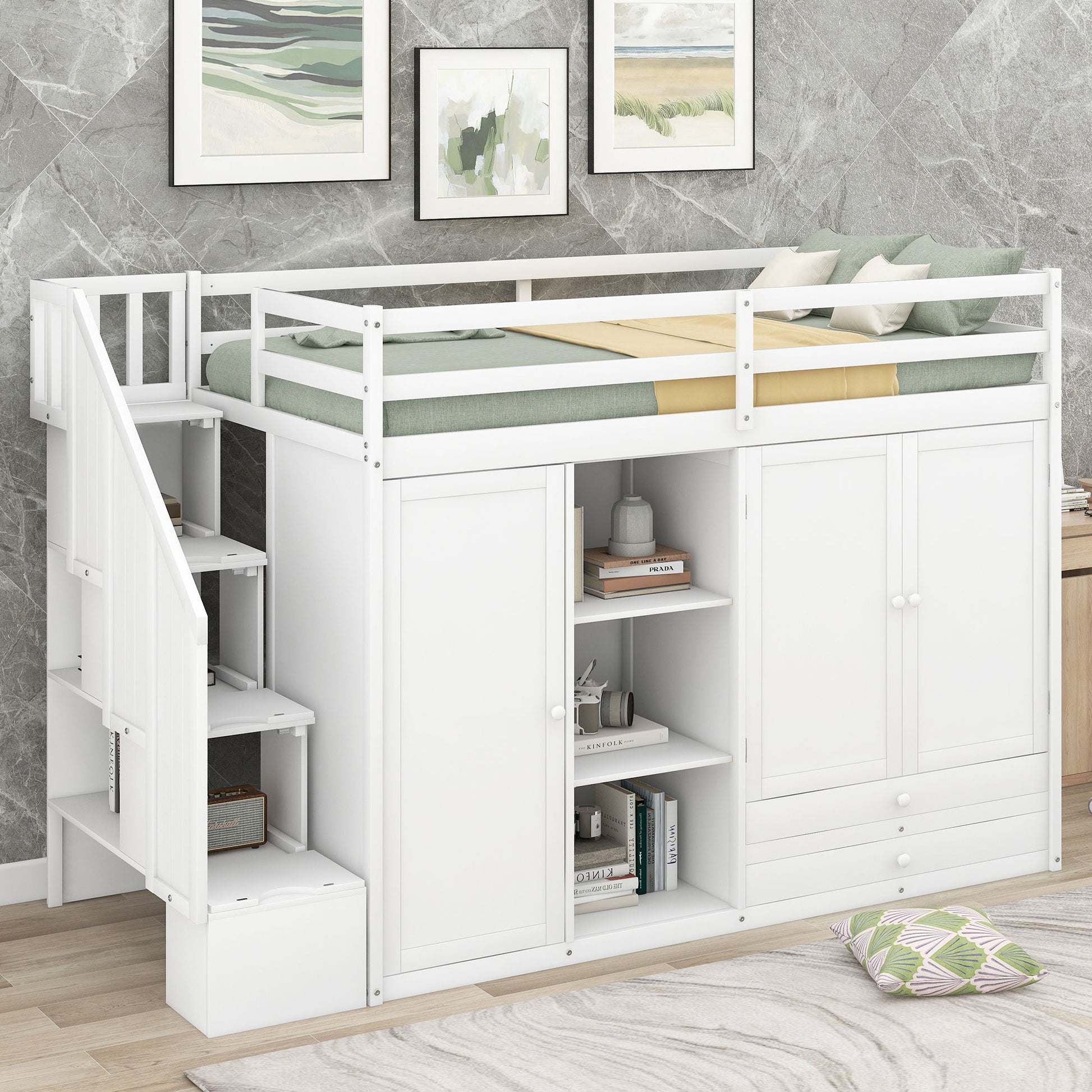 Loft Bed With 3 Shelves, 2 Wardrobes, 2 Drawers, Ladder Storage - The Sleep Loft - Online Mattress Showroom NYC