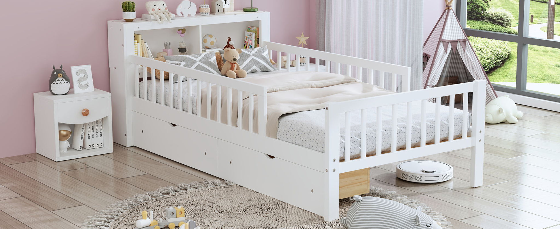 Bed With Headboard Storage Rack, 2 Under Bed Drawers, 3 Side Guardrails For Safety - The Sleep Loft - Online Mattress Showroom NYC