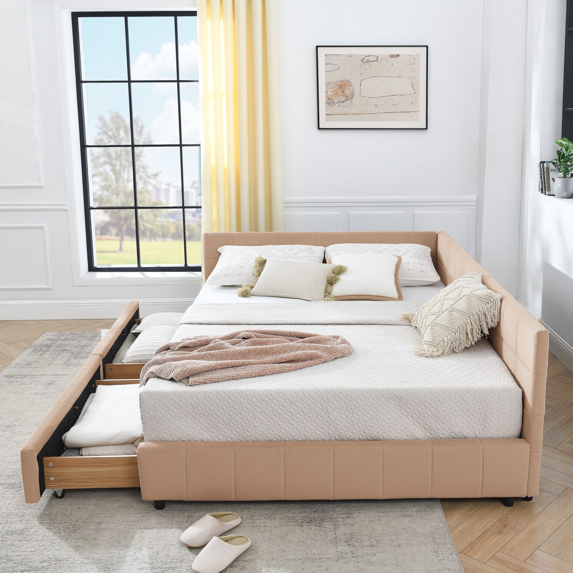 Mid-Century Storage Upholstered Tufted Bed Frame With Backrest And Armrests - The Sleep Loft - Online Mattress Showroom NYC