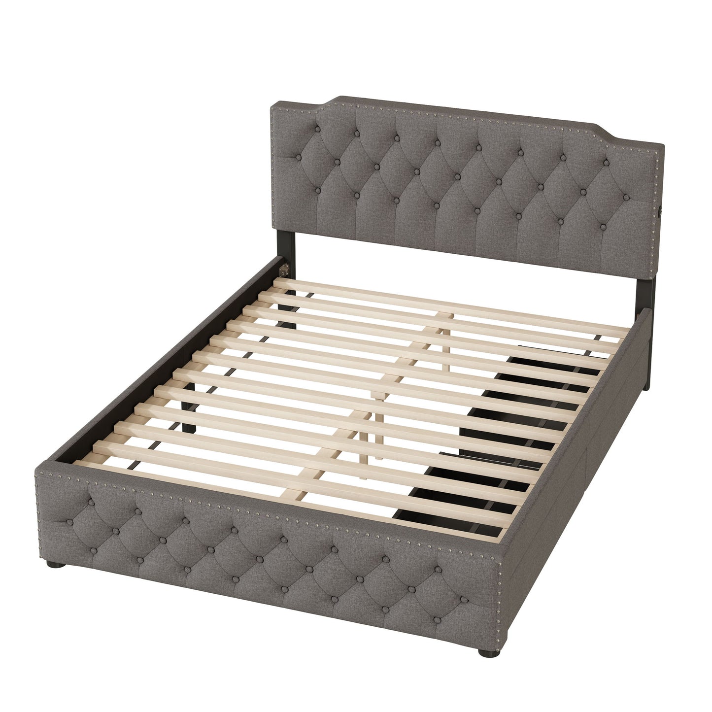 Upholstered Platform Bed With 2 Drawers And 2 Sets Of USB Ports On Each Side, Linen Fabric - The Sleep Loft - Online Mattress Showroom NYC