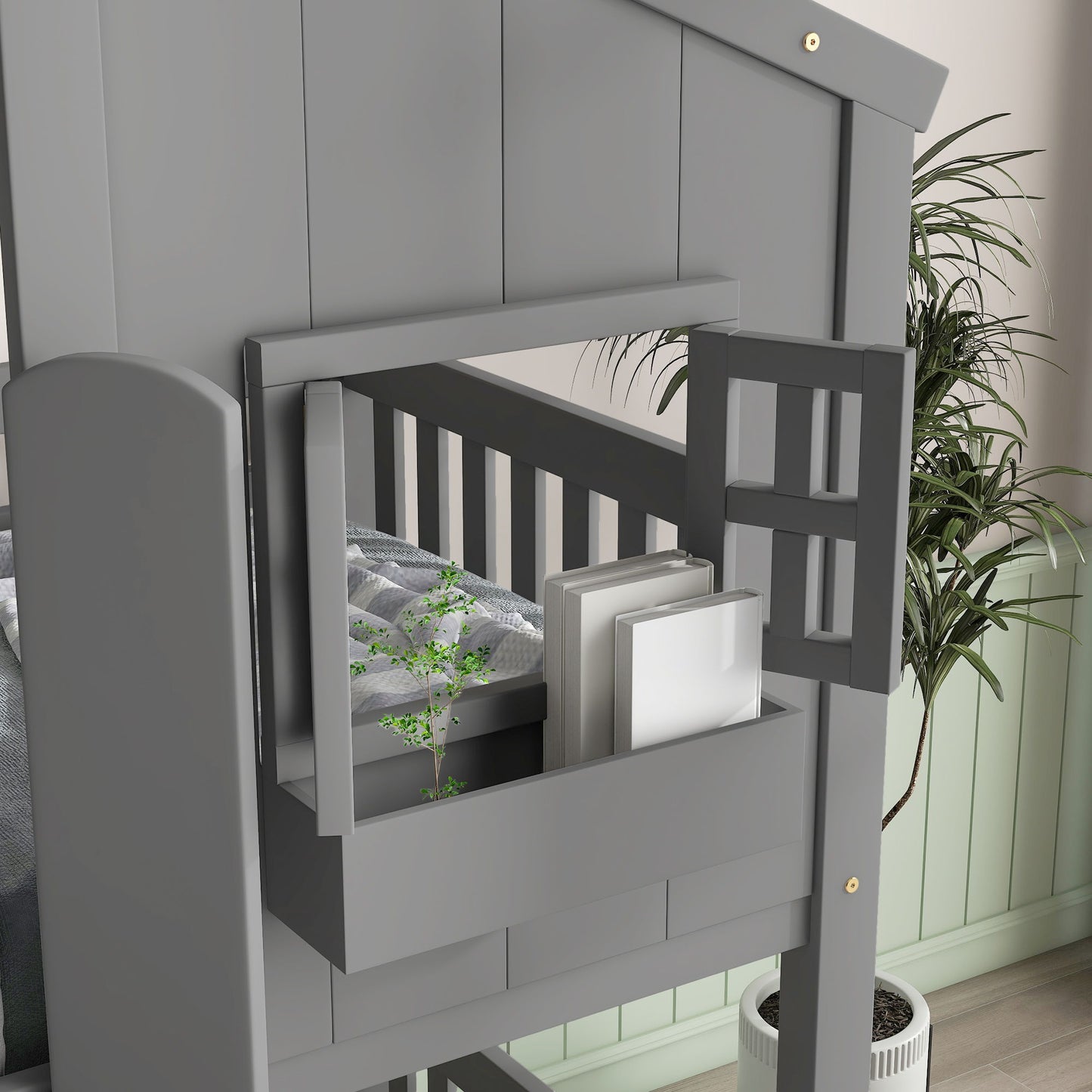 House Bunk Bed With Roof, Window, Window Box, Door, With Safety Guardrails And Ladder - The Sleep Loft - Online Mattress Showroom NYC