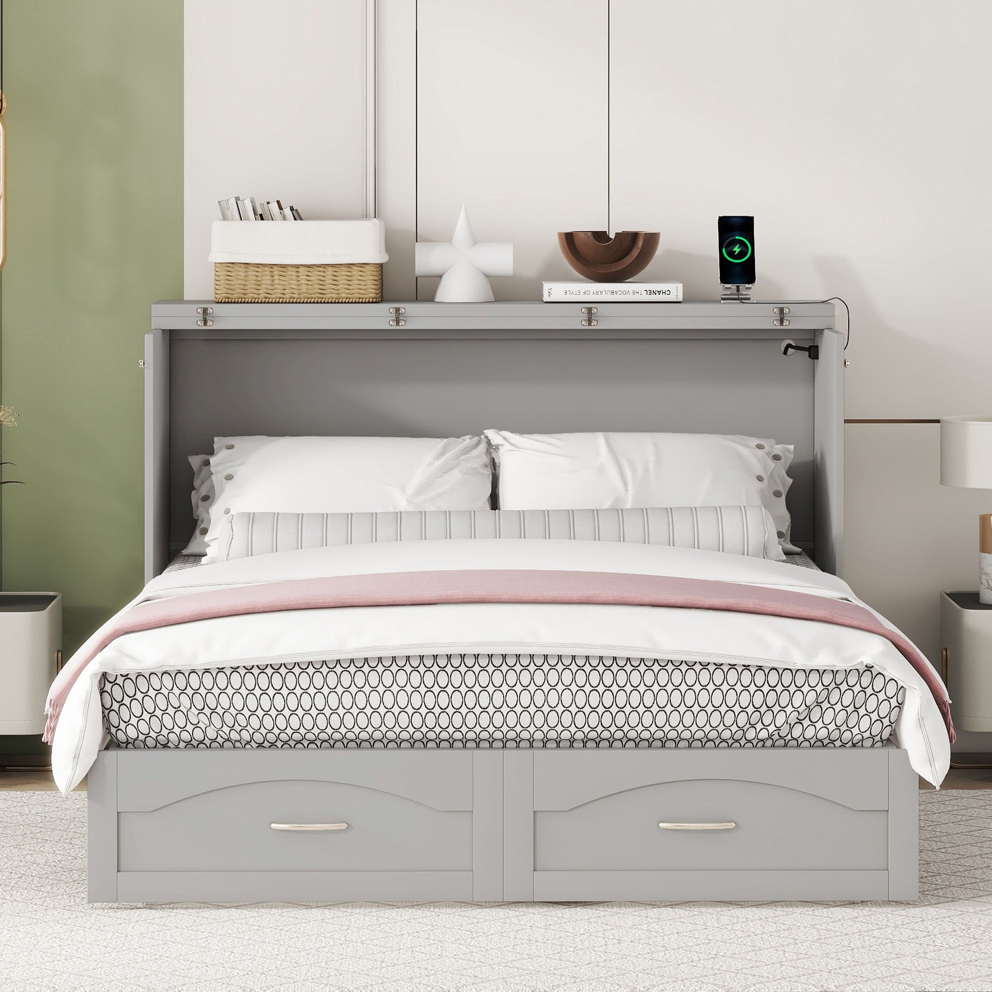 Murphy Wall Bed With Drawer And A Set Of Sockets & USB Ports, Pulley Structure Design - The Sleep Loft - Online Mattress Showroom NYC