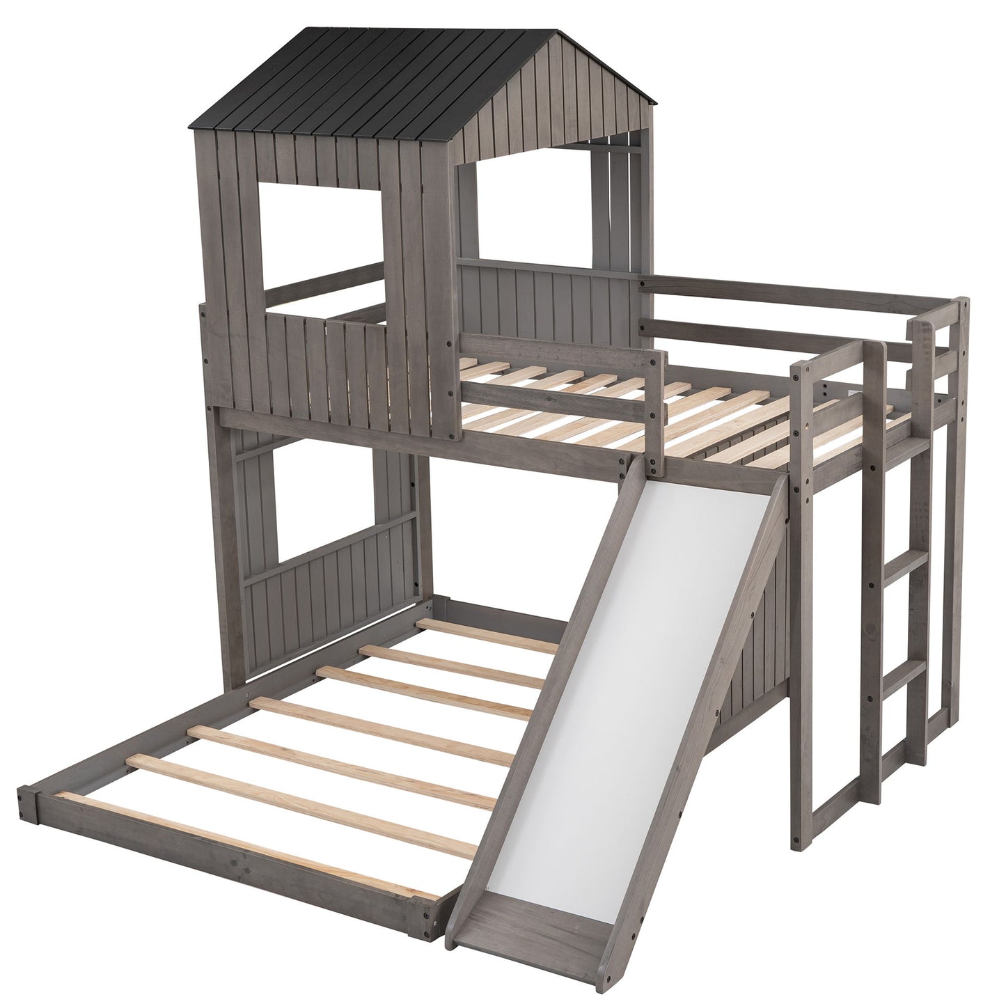 Loft Bunk Bed With Playhouse, Farmhouse, Ladder, Slide And Guardrails - The Sleep Loft - Online Mattress Showroom NYC