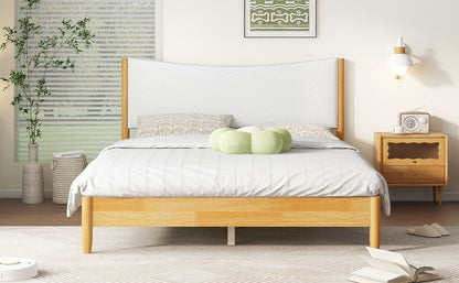 Queen Size Rubber Wooden, Solid Wooden Bed With Teddy Velvet Cushion Upholstered Headboard, Enhanced By Support Feet - Natural - The Sleep Loft - Online Mattress Showroom NYC