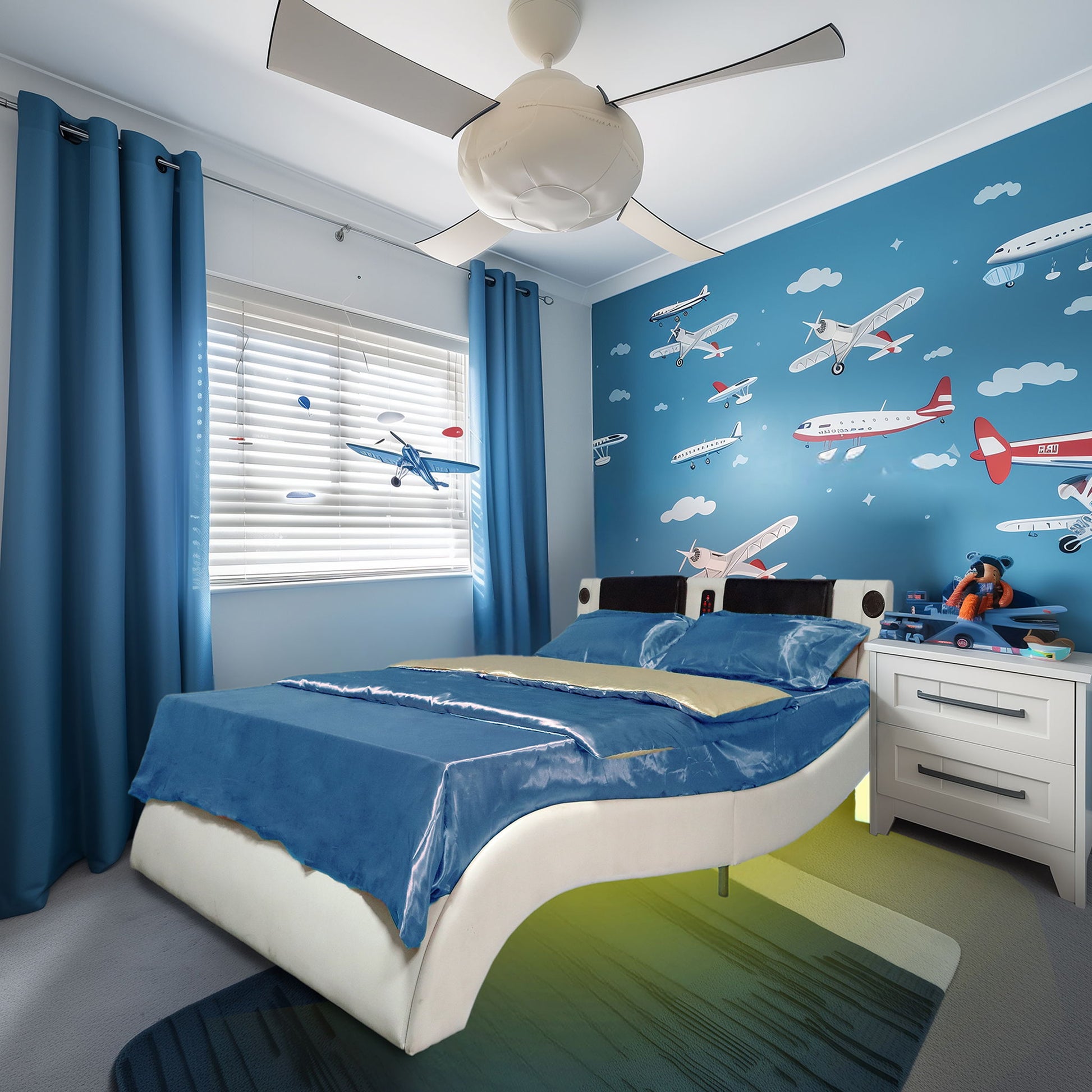 Upholstered Platform Bed Frame With LED Lighting, Bluetooth Connection To Play Music Control, Backrest Vibration Massage, Curve Design, Wood Slat Support, Exhibited Speakers - The Sleep Loft - Online Mattress Showroom NYC