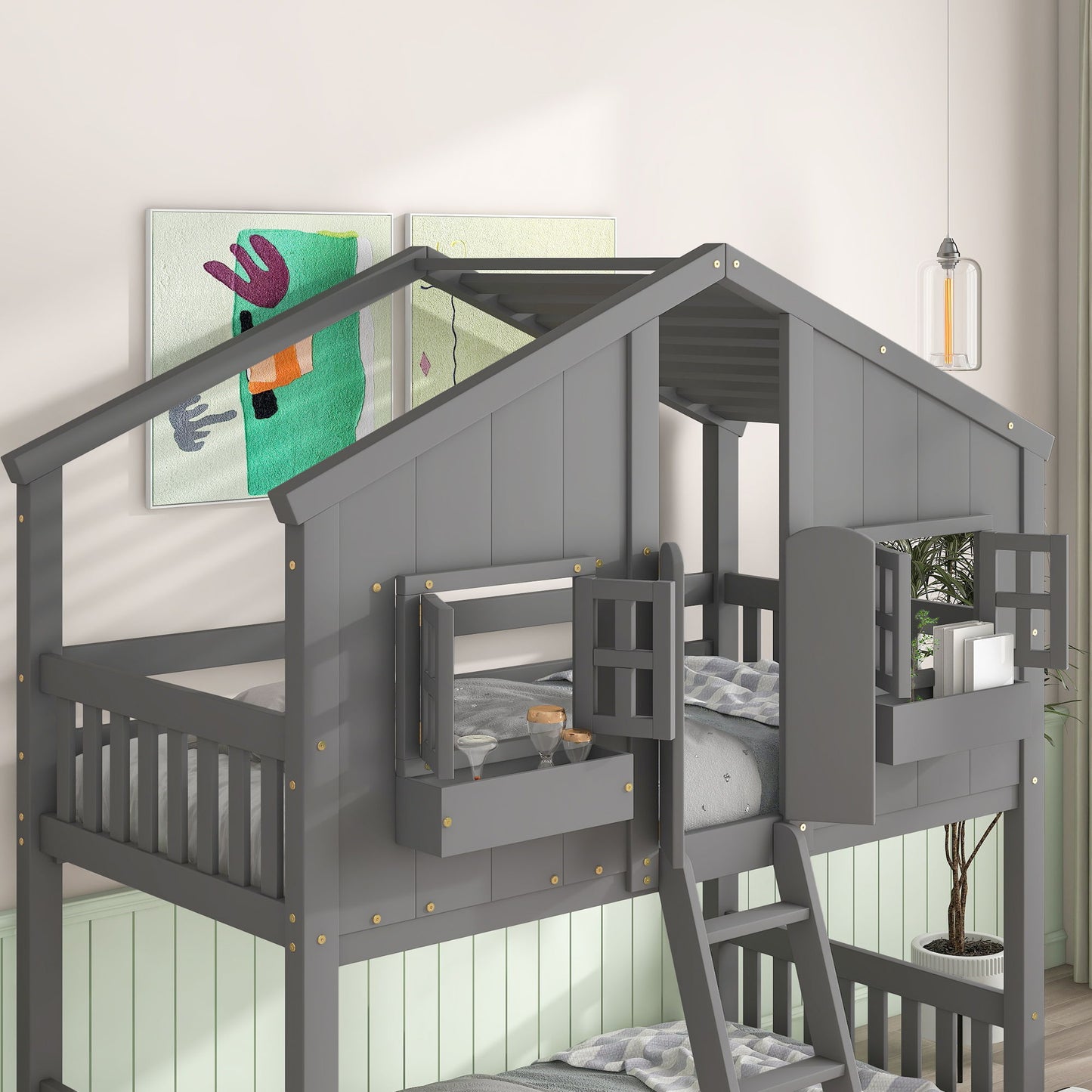 House Bunk Bed With Roof, Window, Window Box, Door, With Safety Guardrails And Ladder - The Sleep Loft - Online Mattress Showroom NYC