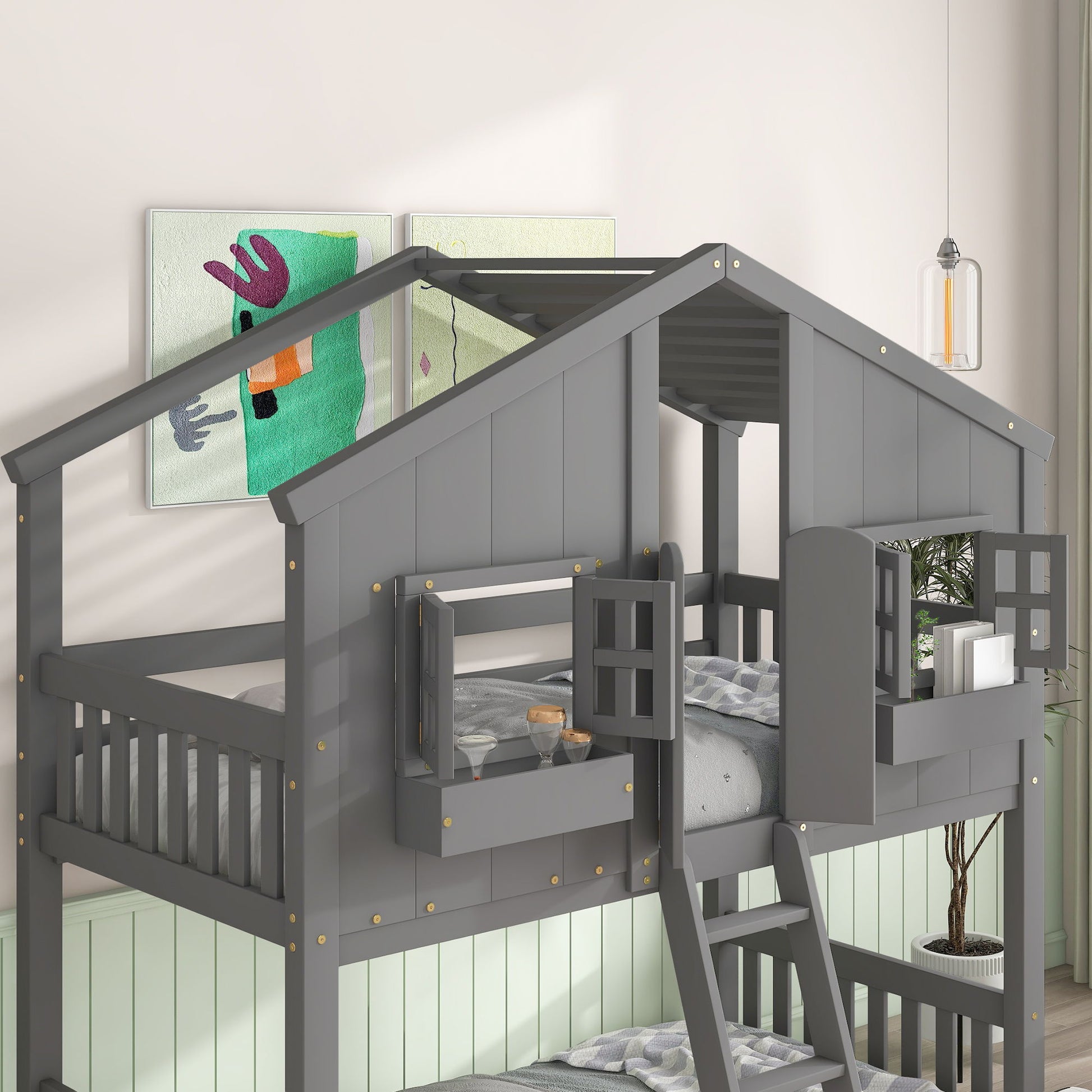 House Bunk Bed With Roof, Window, Window Box, Door, With Safety Guardrails And Ladder - The Sleep Loft - Online Mattress Showroom NYC
