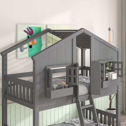 House Bunk Bed With Roof, Window, Window Box, Door, With Safety Guardrails And Ladder - The Sleep Loft - Online Mattress Showroom NYC