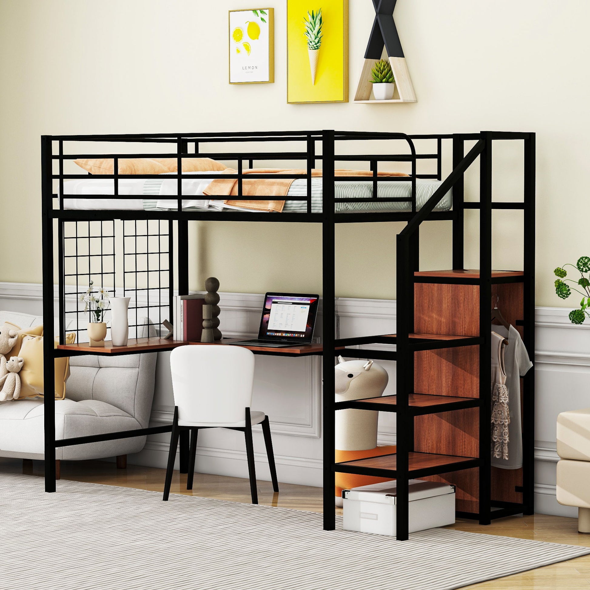 Loft Bed With Desk And Grid, Stylish Frame With Lateral Storage Ladder And Wardrobe - The Sleep Loft - Online Mattress Showroom NYC