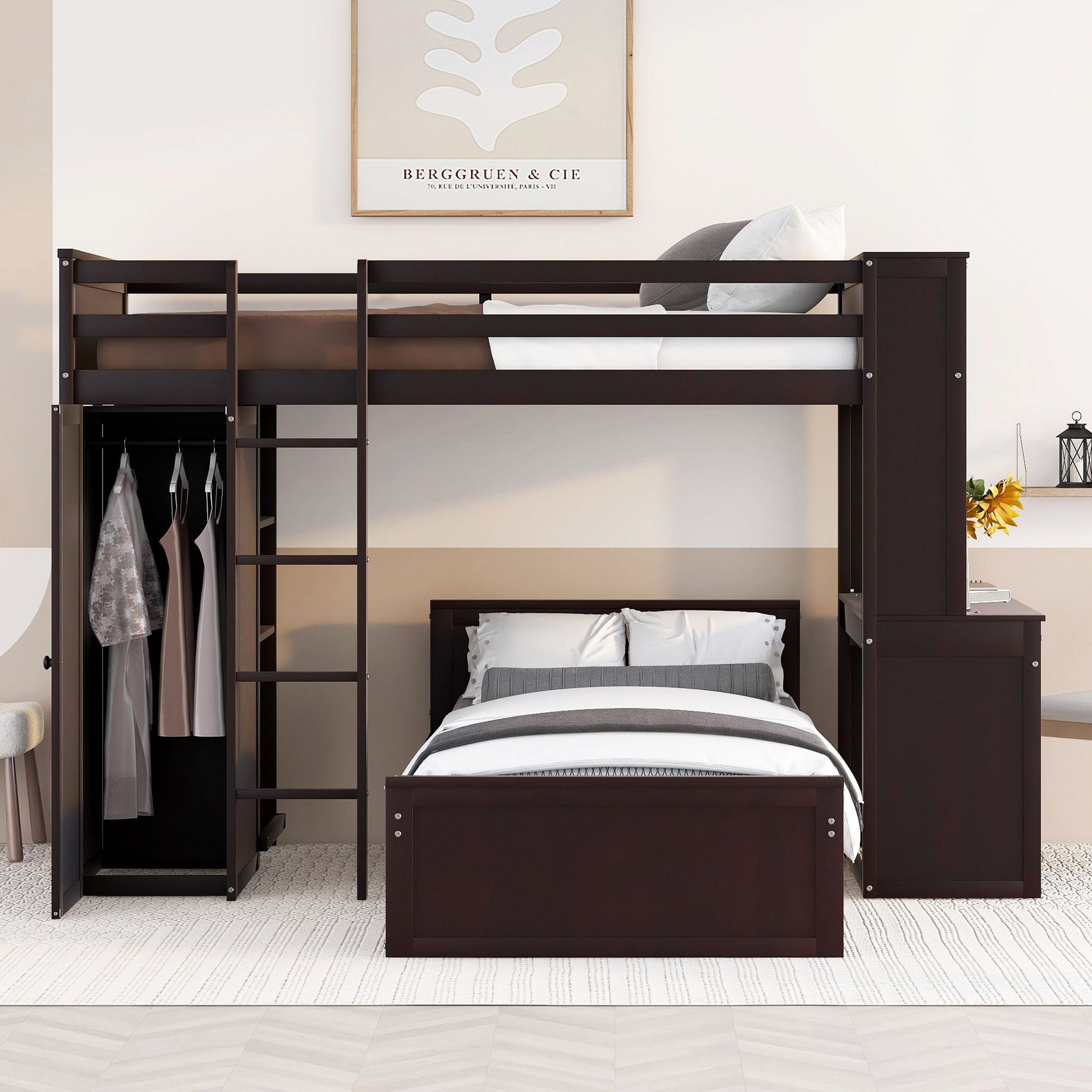 Loft Bed With A Stand Alone Bed, Shelves, Desk, And Wardrobe - The Sleep Loft - Online Mattress Showroom NYC