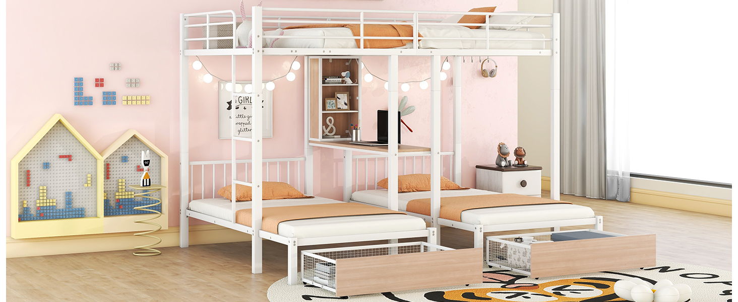 Triple Bunk Bed With Drawers, Multi-Functional Frame With Desks And Shelves In The Middle - The Sleep Loft - Online Mattress Showroom NYC