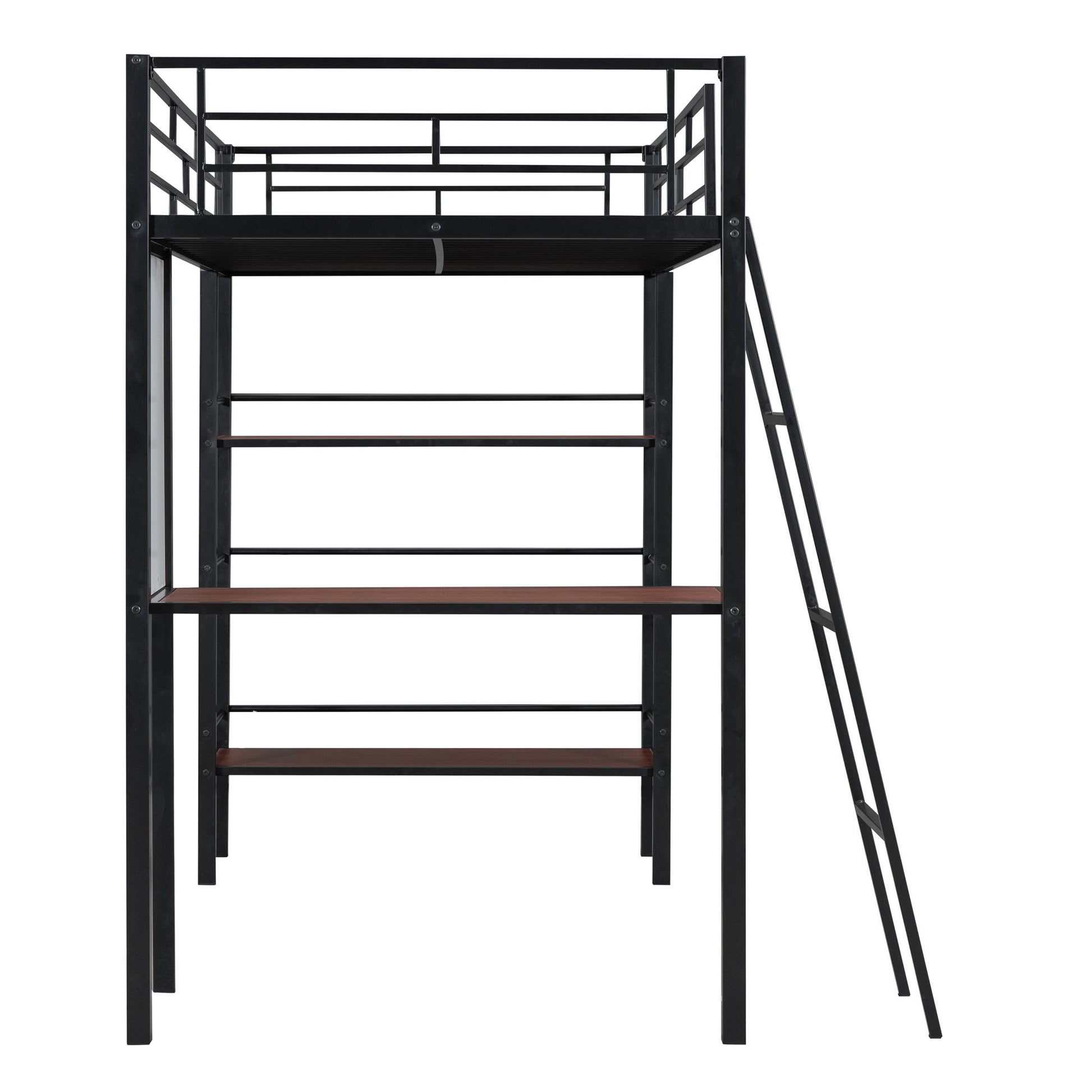 Loft Metal Bed With 3 Layers Of Shelves And Desk, Stylish Metal Frame Bed With board - The Sleep Loft - Online Mattress Showroom NYC